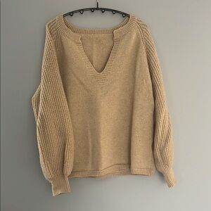 SHEIN Tan V-Neck Sweater with Ribbed Knit